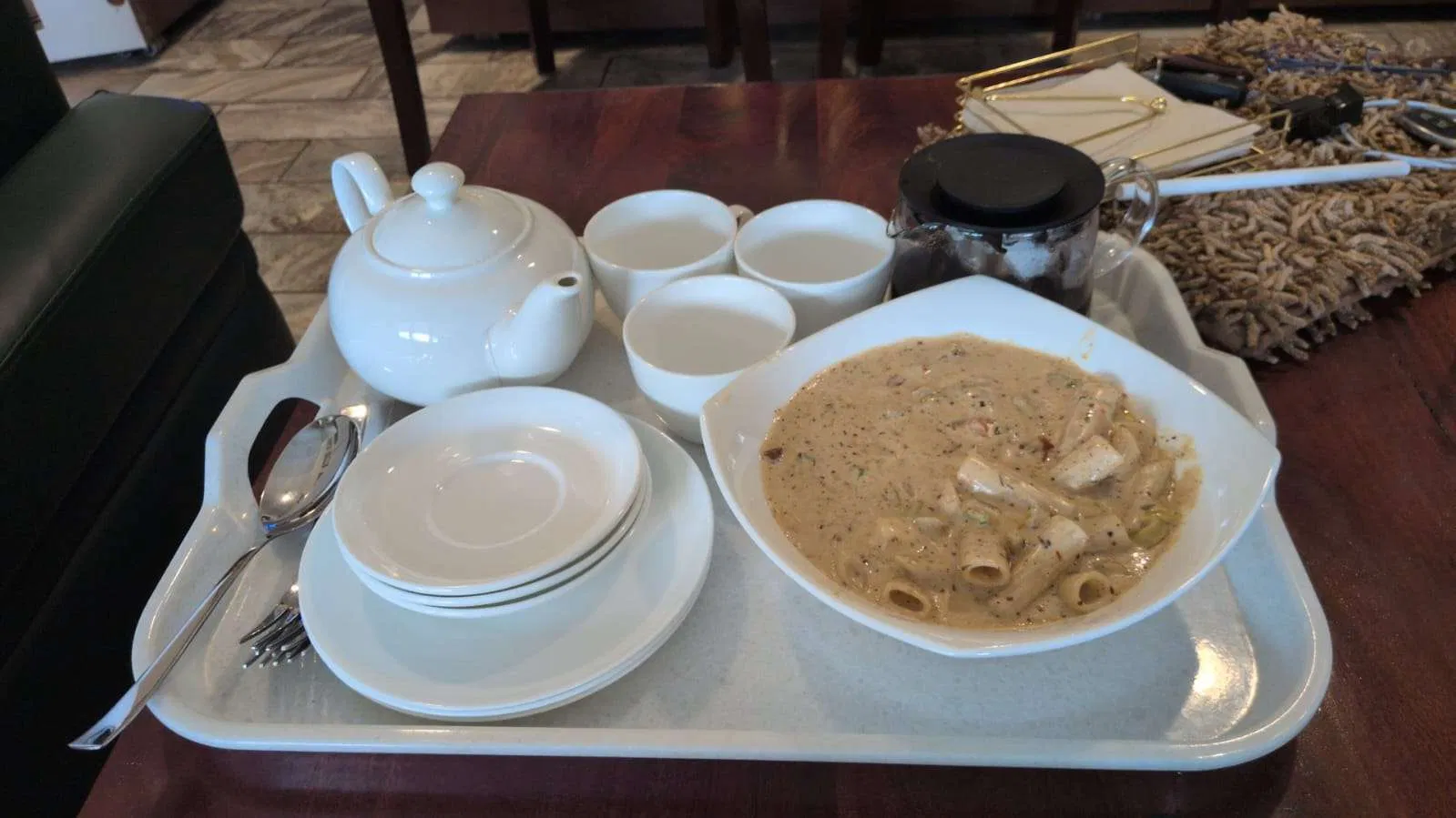 Tea and breakfast served on a tray