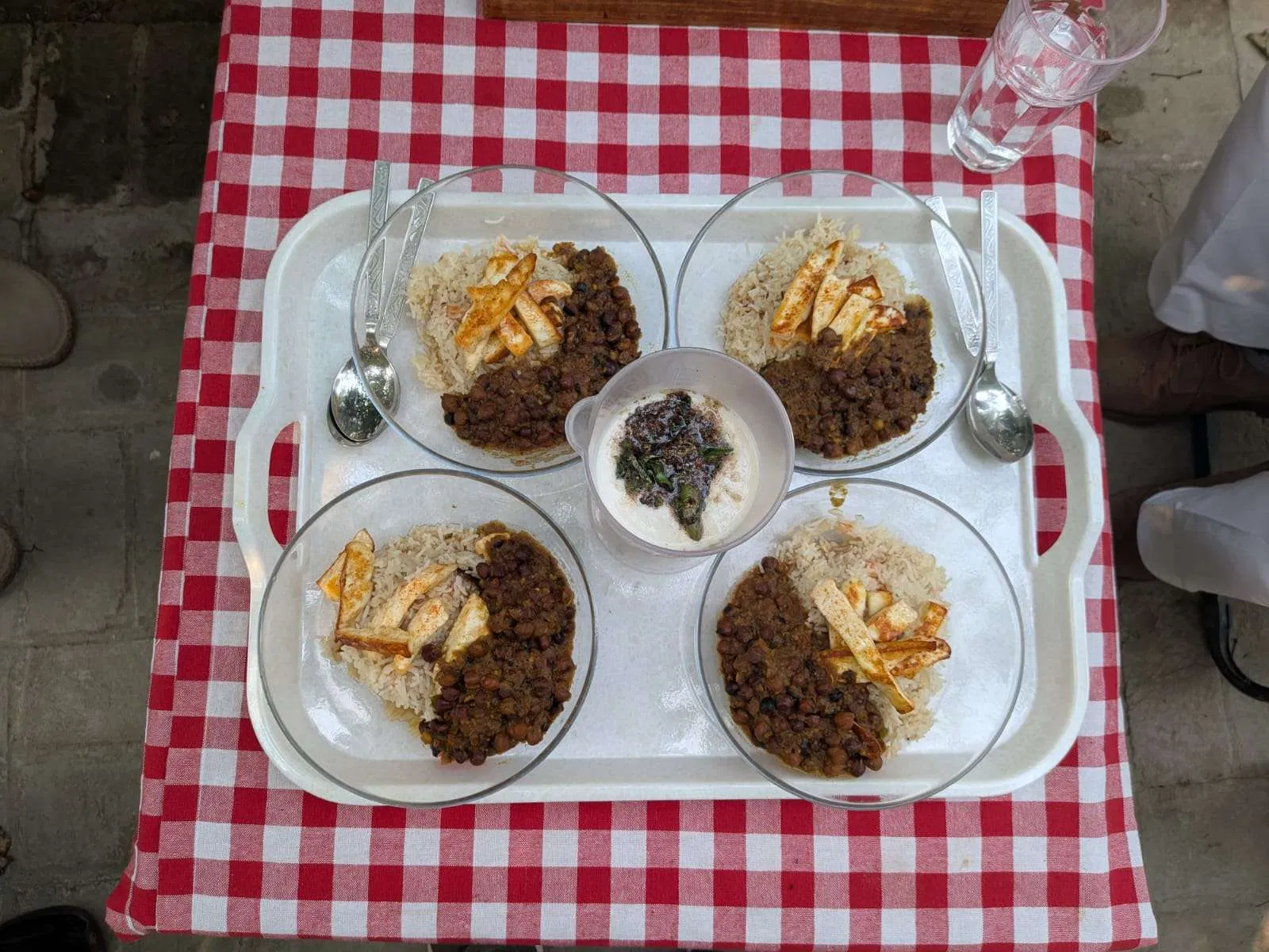 A meal shared at a checkered table